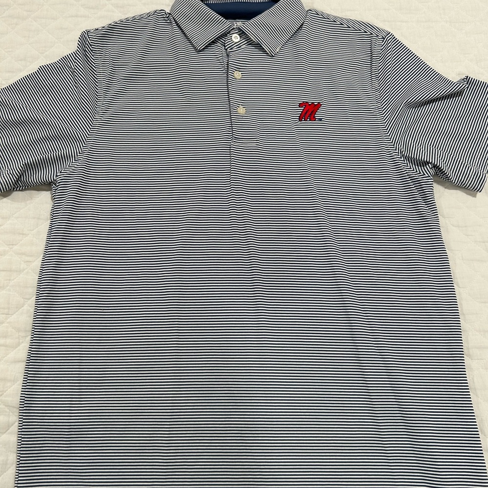 Southern Tide Men's Striped Polo Shirt - Navy and White with Ole Miss logo